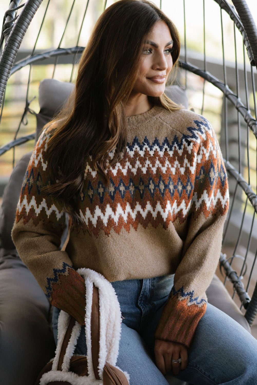 Khaki Aztec Print Colorblock Crew Neck Sweater Sweaters JT's Designer Fashion