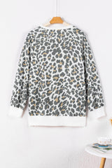 White Printed Solid Trim Leopard Print Top Long Sleeve Tops JT's Designer Fashion