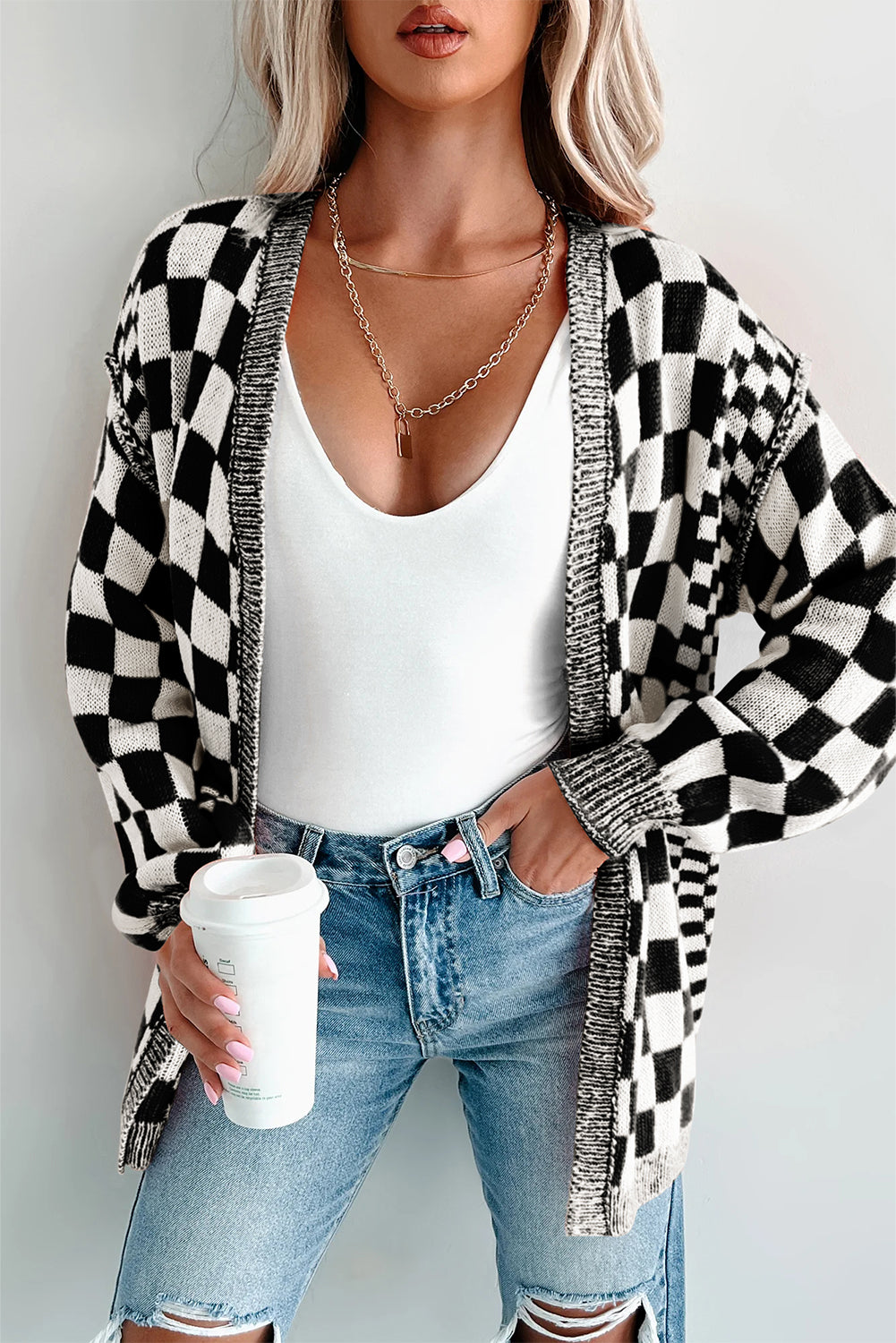 Black Checkered Open Front Drop Shoulder Cardigan Black 55%Acrylic+45%Cotton Cardigans JT's Designer Fashion