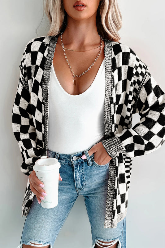 Black Checkered Open Front Drop Shoulder Cardigan Black 55%Acrylic+45%Cotton Cardigans JT's Designer Fashion