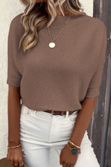 Coffee Round Neck Half Sleeve Ribbed Knit Top Sweaters & Cardigans JT's Designer Fashion