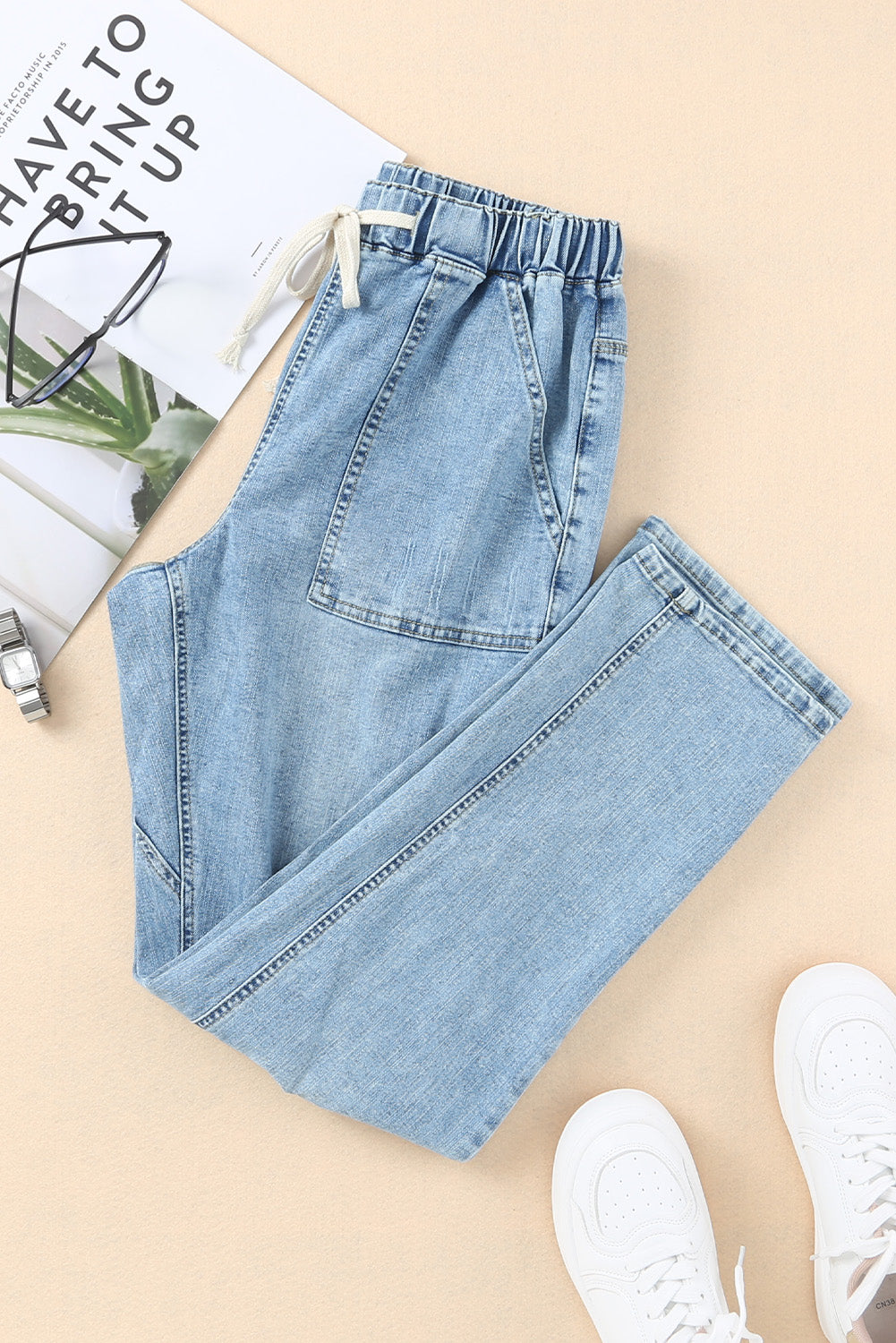 Sky Blue Gather Round Distressed Pocketed Denim Jogger Jeans JT's Designer Fashion