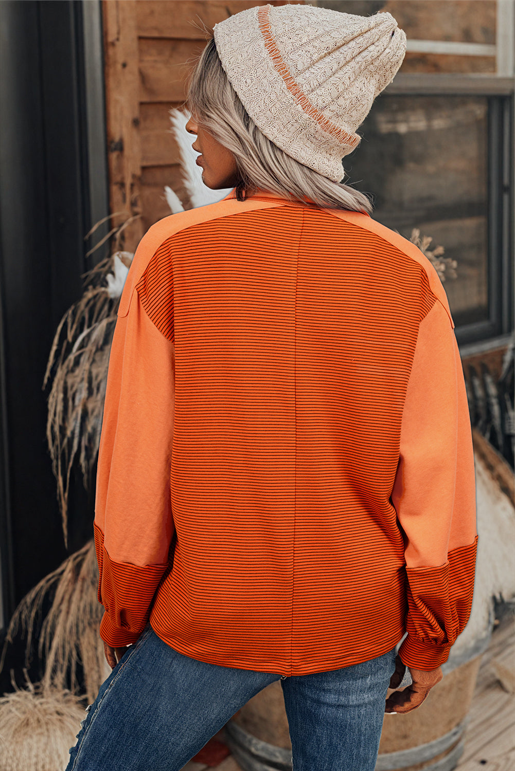 Orange Stripe Exposed Seam Henley Turn-down Neck Puff Sleeve Sweatshirt Sweatshirts & Hoodies JT's Designer Fashion