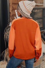 Orange Stripe Exposed Seam Henley Turn-down Neck Puff Sleeve Sweatshirt Sweatshirts & Hoodies JT's Designer Fashion