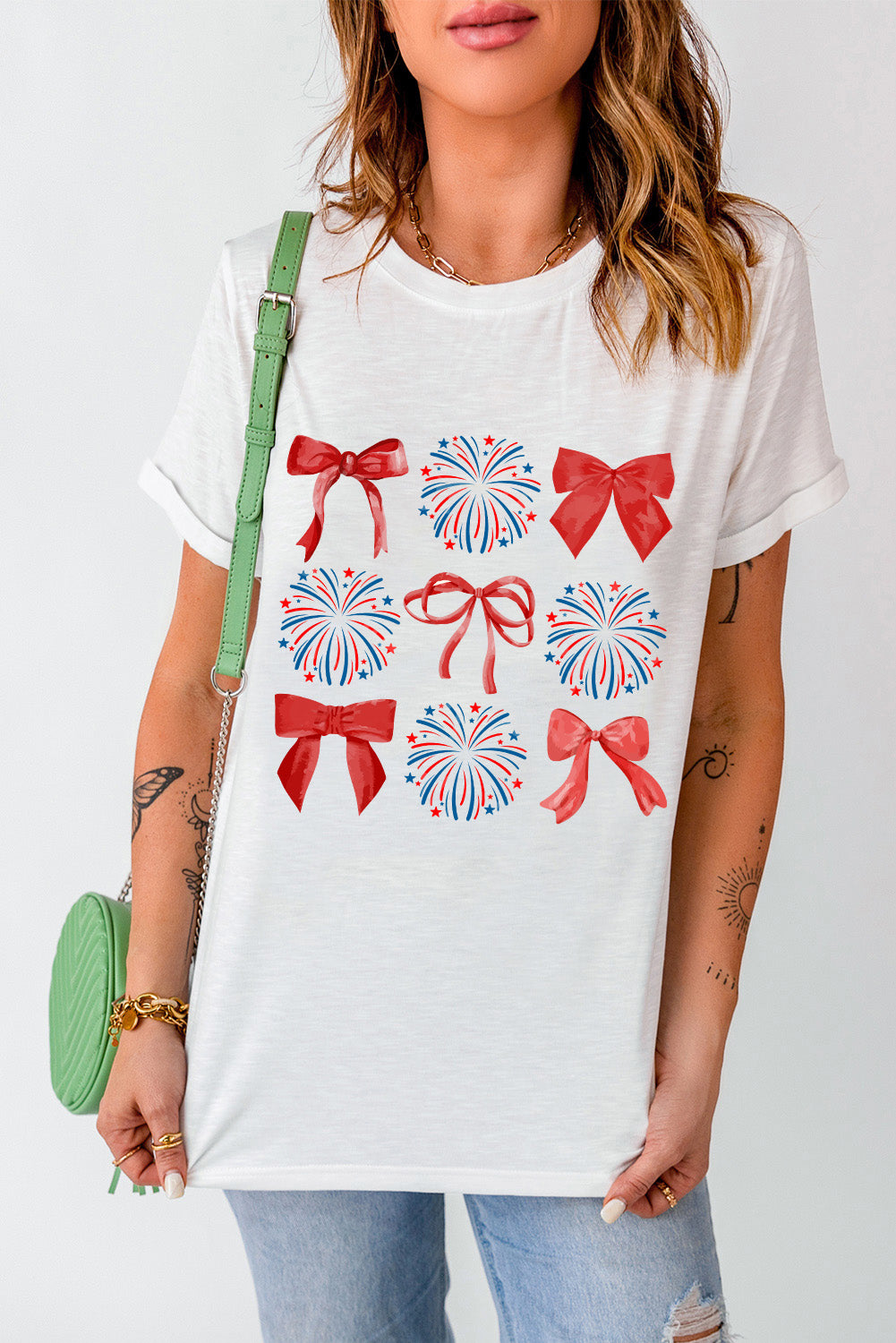 White July 4th Celerbration Bowknot Firework Graphic Tee Graphic Tees JT's Designer Fashion