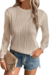 Apricot Textured Wavy Round Neck Long Sleeve Top Long Sleeve Tops JT's Designer Fashion