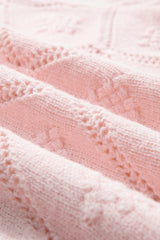 Gossamer Pink Openwork Plaid Puff Sleeve Cropped Sweater Sweaters JT's Designer Fashion