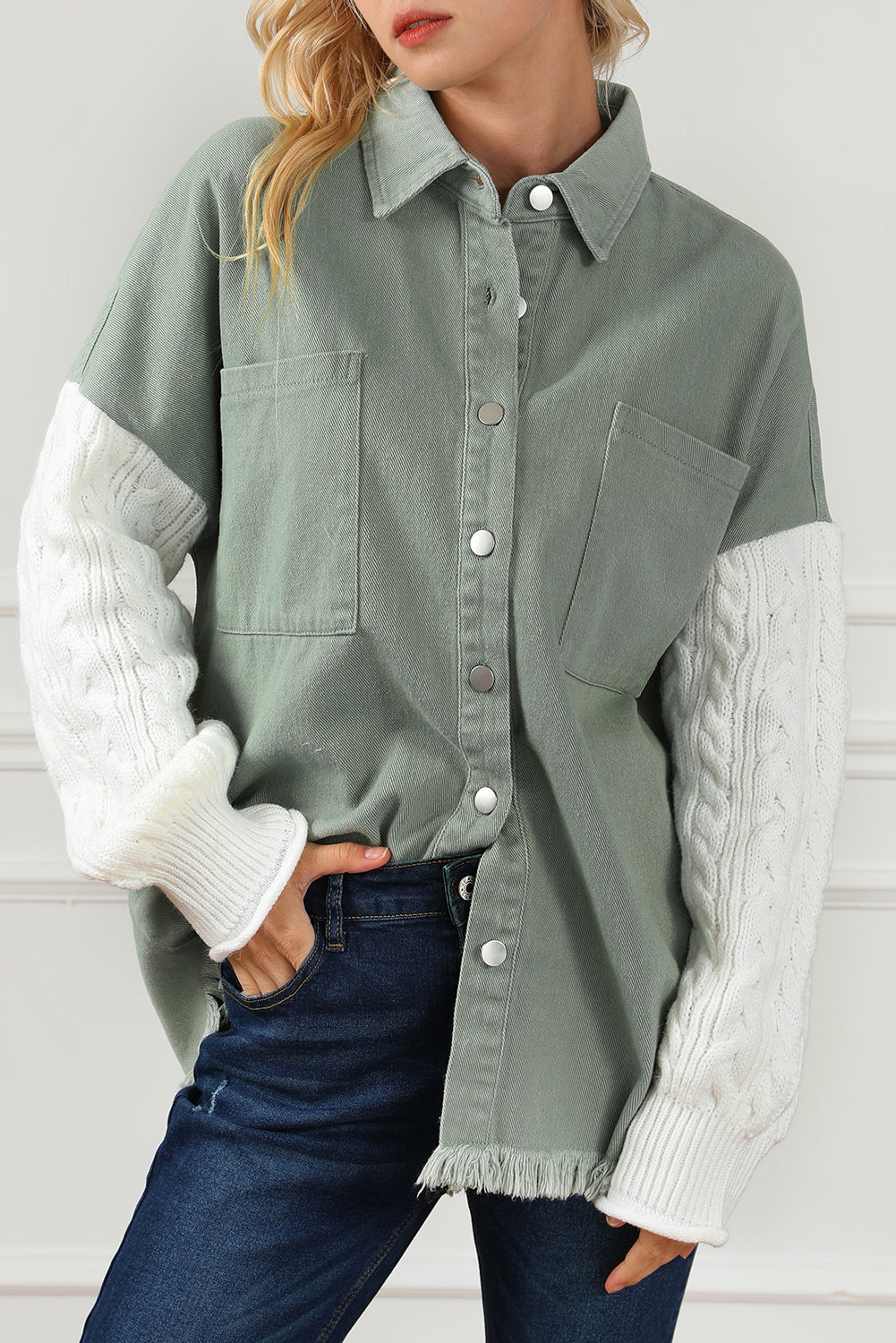 Green Cable Knit Sleeve Raw Hem Shacket Jackets JT's Designer Fashion