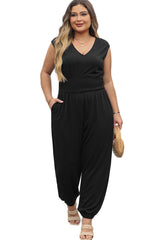 Black Plus Smocked High Waist Sleeveless V Neck Jumpsuit Plus Size Bottoms JT's Designer Fashion