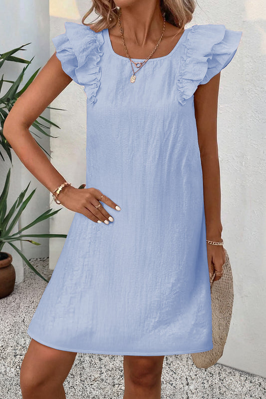 Beau Blue Textured Flutter Sleeve Square Neck Bow Back Mini Dress Mini Dresses JT's Designer Fashion