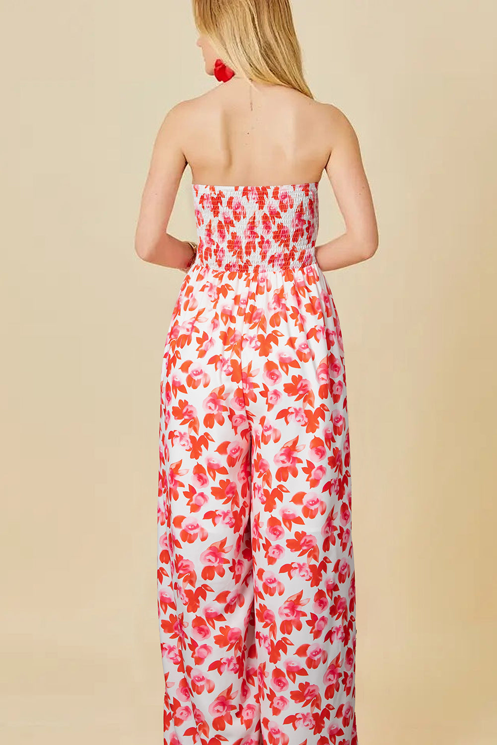 Pink Floral Print Twisted Bandeau Keyhole Pleated Wide Leg Jumpsuit Jumpsuits & Rompers JT's Designer Fashion