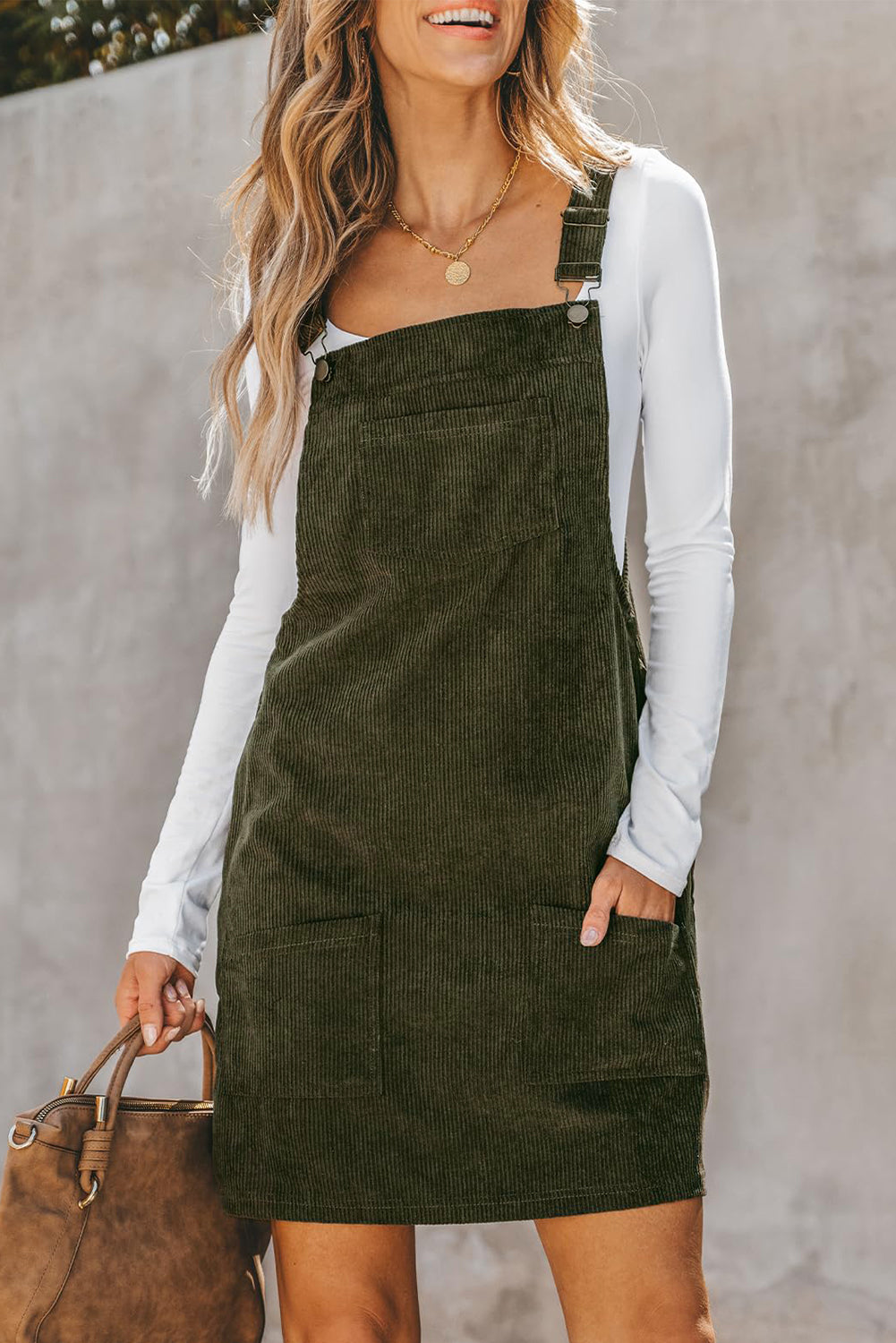 Vineyard Green Solid Front Pockets Sleeveless Corduroy Overall Dress Mini Dresses JT's Designer Fashion