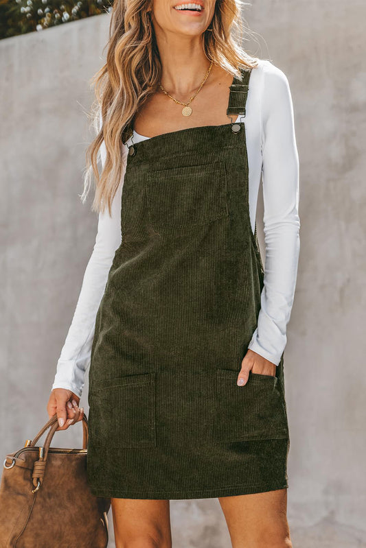 Vineyard Green Solid Front Pockets Sleeveless Corduroy Overall Dress Mini Dresses JT's Designer Fashion