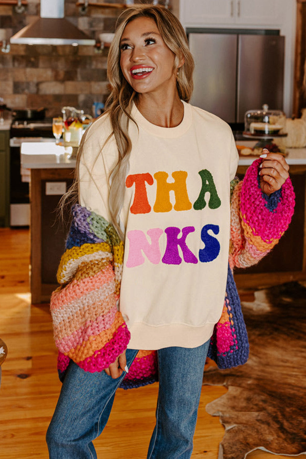 Apricot THANKS Chenille Embroidered Drop Shoulder Graphic Sweatshirt Sweatshirts & Hoodies JT's Designer Fashion