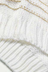 White Striped Knit Puff Sleeve Casual Sweater Sweaters JT's Designer Fashion