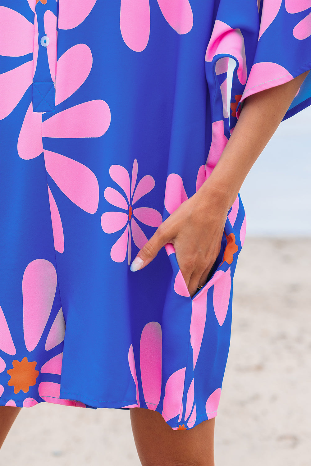 Blue Summer Flower Print Shirt Collar Button Front Loose Romper Jumpsuits & Rompers JT's Designer Fashion