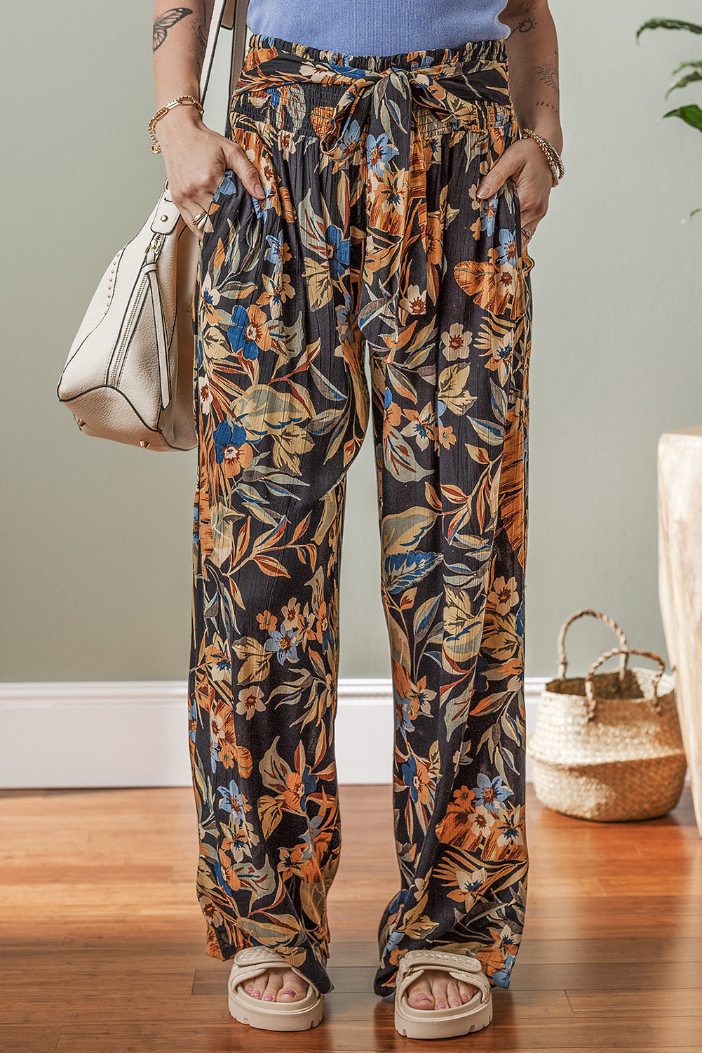 Multicolour Floral Shirred High Waist Wide Leg Pants with Tie Pants & Culotte JT's Designer Fashion