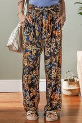 Multicolour Floral Shirred High Waist Wide Leg Pants with Tie Pants & Culotte JT's Designer Fashion