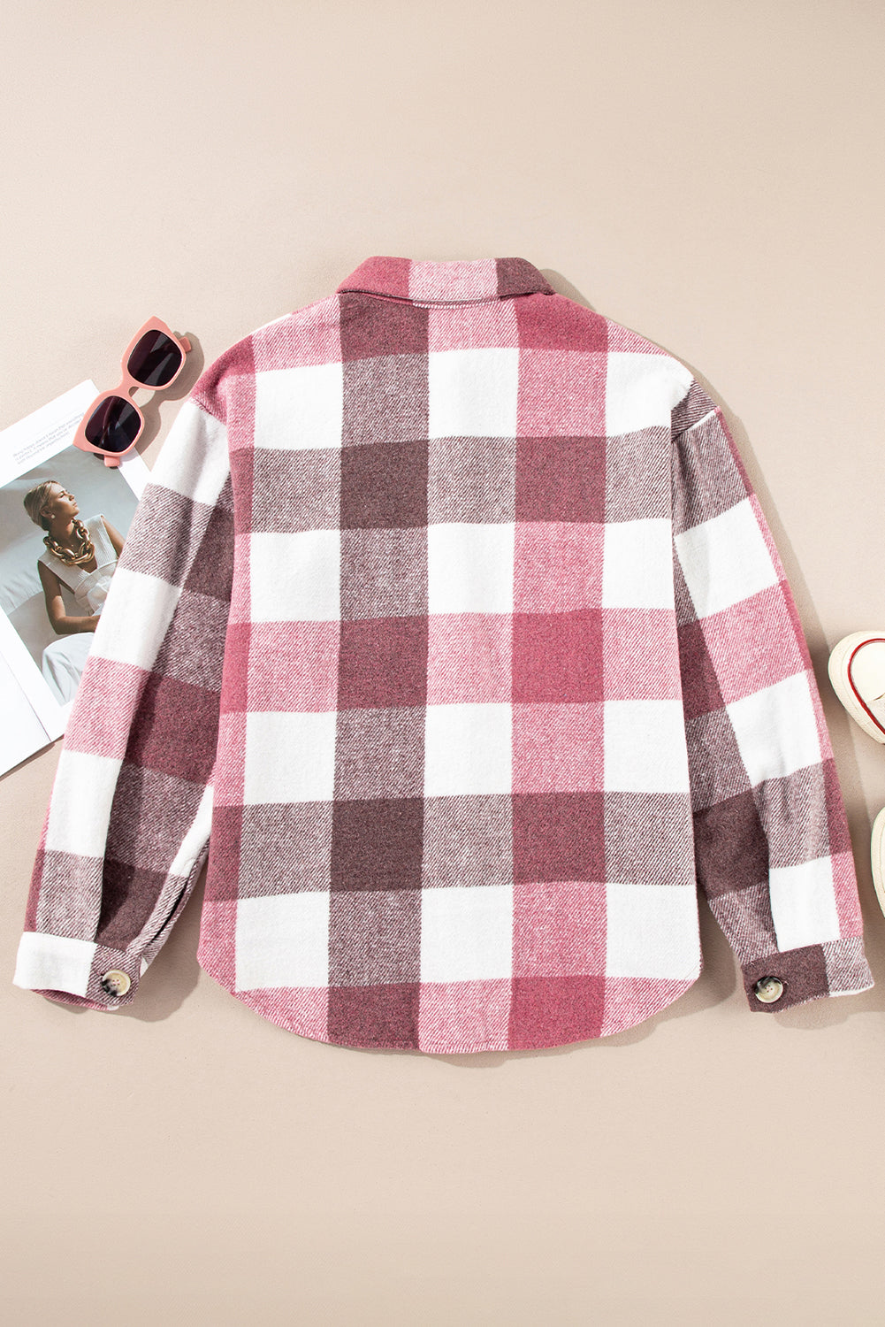 Plaid Color Block Buttoned Long Sleeve Jacket with Pocket Plaid Shackets JT's Designer Fashion