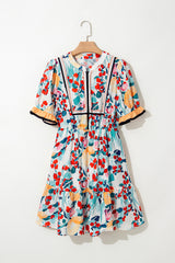 Green Floral Print Zipper Ruffled Short Sleeve High Waist Mini Dress Floral Dresses JT's Designer Fashion