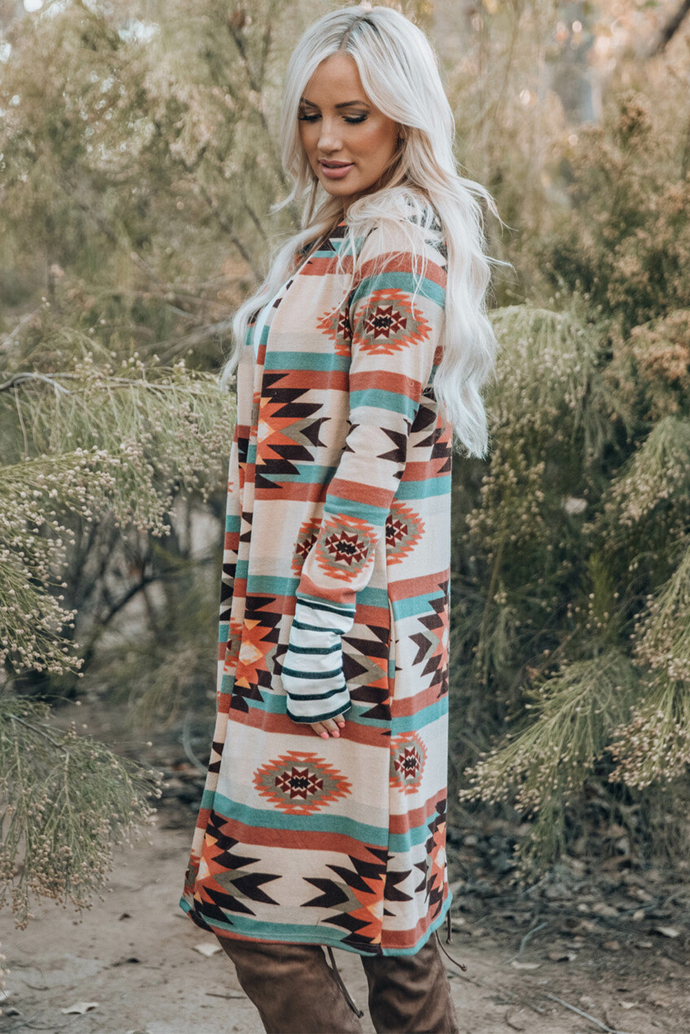 Multicolor Geometric Color Block Open Front Long Cardigan Sweaters & Cardigans JT's Designer Fashion