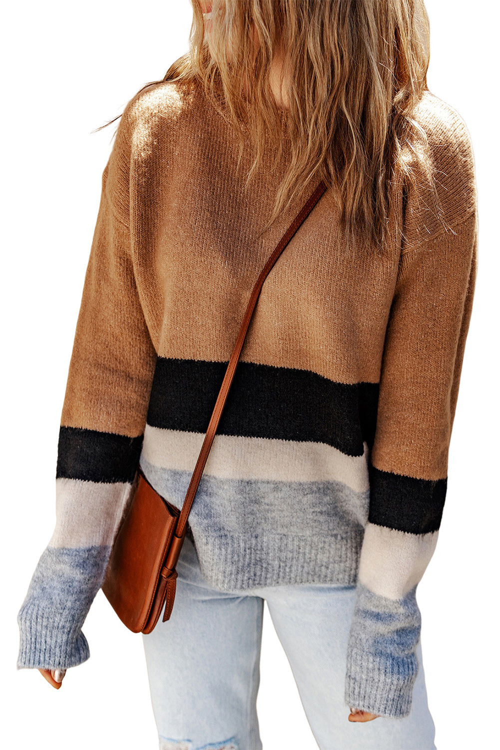Brown Color Block Striped Ribbed Knit Sweater Sweaters JT's Designer Fashion