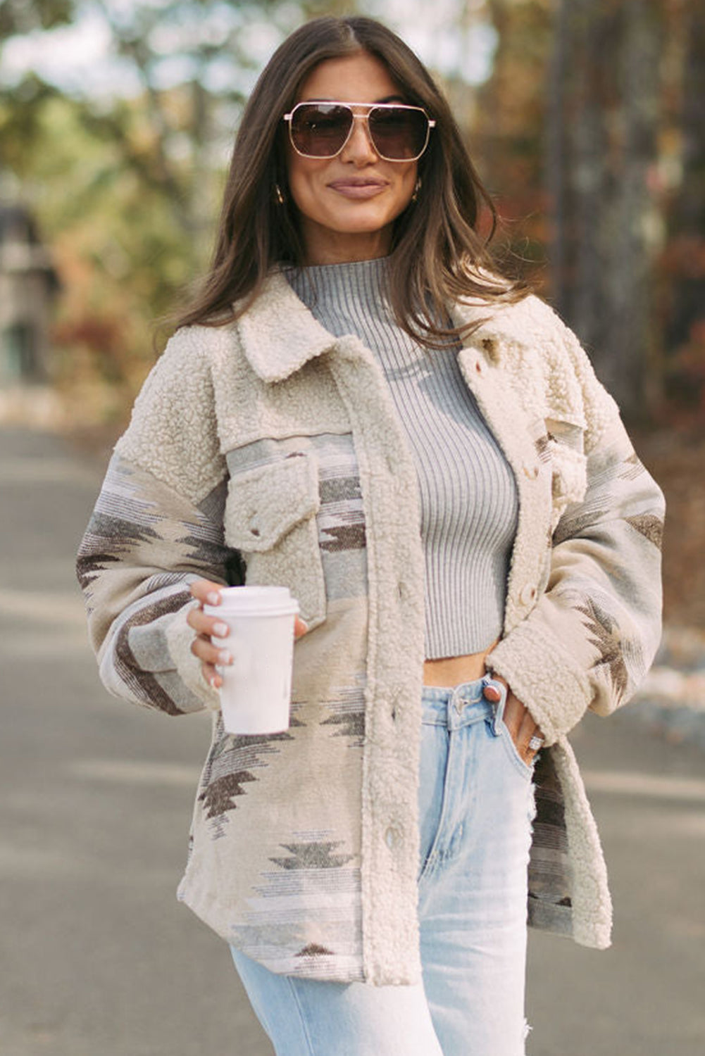 Khaki Western Aztec Print Sherpa Splicing Buttoned Flap Pocket Coat Jackets JT's Designer Fashion