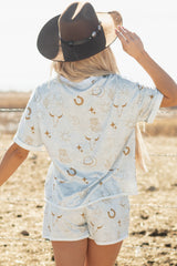 Gray Western Fashion Printed T Shirt Elastic Waist Shorts Set Short Sets JT's Designer Fashion