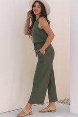 Vineyard Green Buttoned Drawstring Waist Sleeveless Wide Leg Jumpsuit Jumpsuits & Rompers JT's Designer Fashion