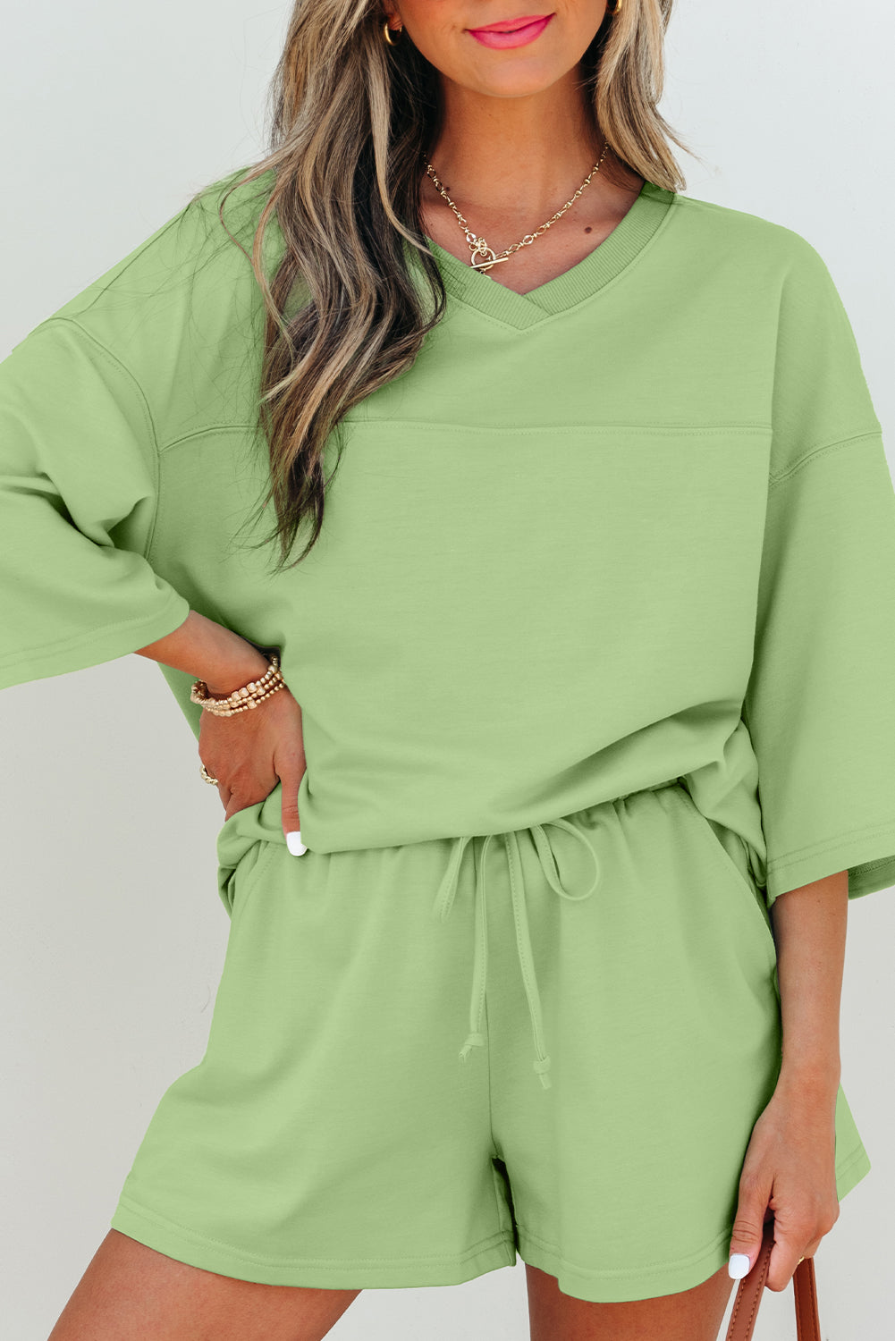 Meadow Mist Green Solid Loose V Neck Half Sleeve Tee and Shorts Short Sets JT's Designer Fashion