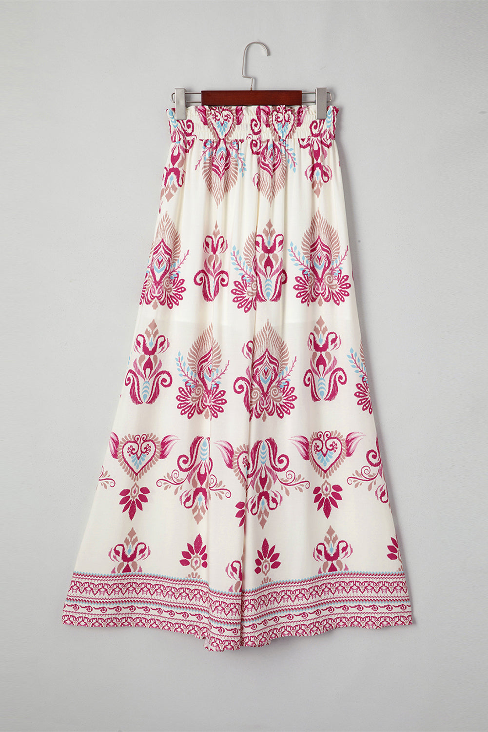 Rose Boho Printed Shirred High Waist Flowy Wide Leg Pants Pants & Culotte JT's Designer Fashion