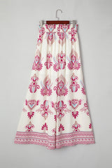 Rose Boho Printed Shirred High Waist Flowy Wide Leg Pants Pants & Culotte JT's Designer Fashion