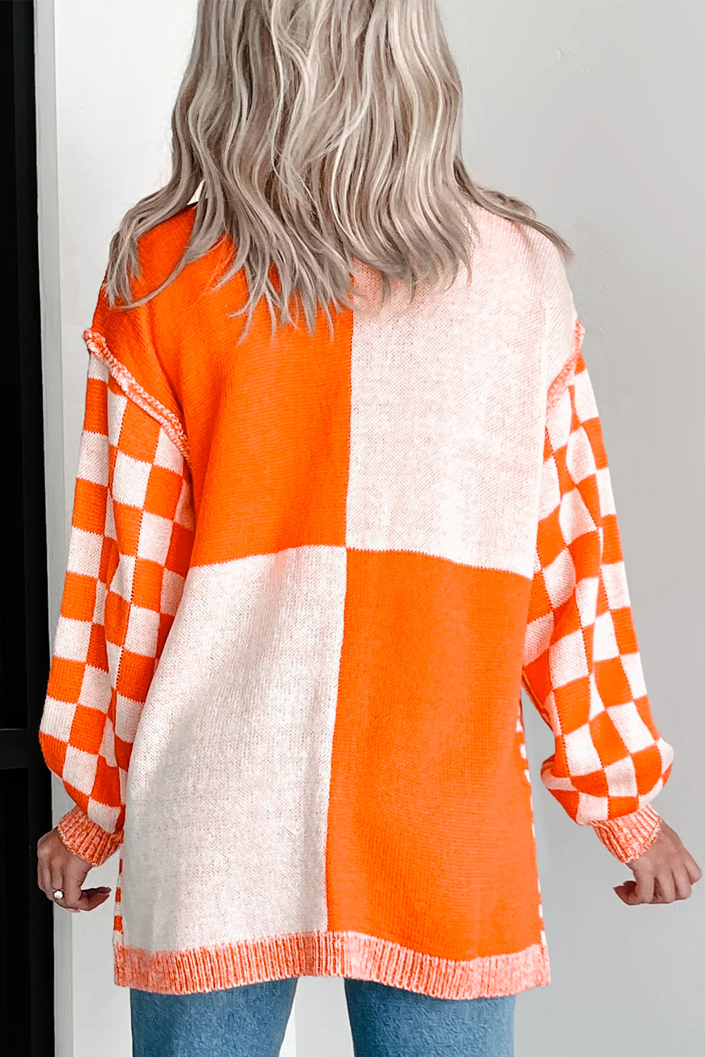 Orange Checkered Open Front Drop Shoulder Cardigan Cardigans JT's Designer Fashion