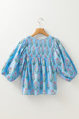 Sky Blue Floral Striped Print Shirred Yoke Split Neck Blouse Blouses & Shirts JT's Designer Fashion