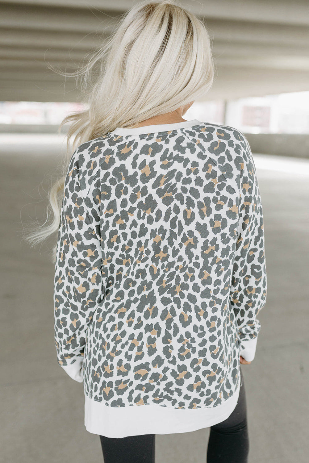 White Printed Solid Trim Leopard Print Top Long Sleeve Tops JT's Designer Fashion