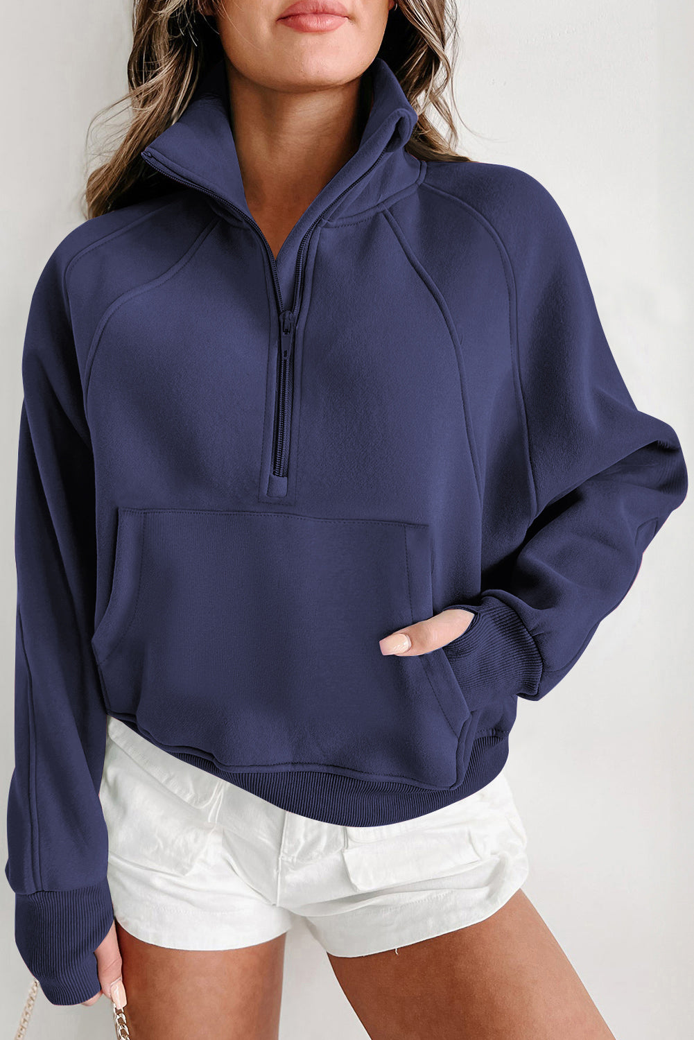 Navy Blue Fleece Lined Zip Up Stand Collar Thumbhole Sleeve Sweatshirt Sweatshirts & Hoodies JT's Designer Fashion