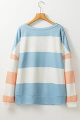 Light Blue Colorblock Striped Drop Shoulder Long Sleeve Top Long Sleeve Tops JT's Designer Fashion