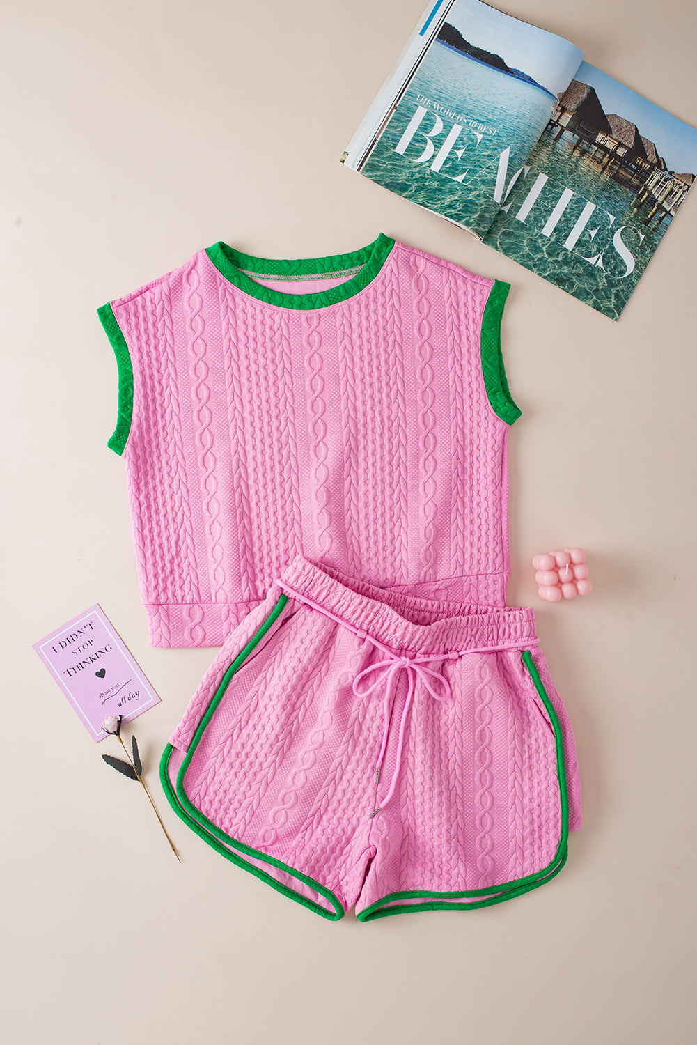 Pink Contrast Trim Cable Textured Shorts Set Short Sets JT's Designer Fashion