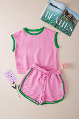 Pink Contrast Trim Cable Textured Shorts Set Short Sets JT's Designer Fashion