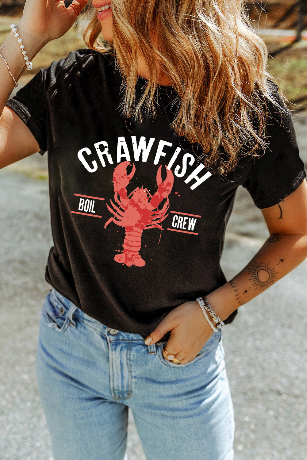 Black CRAWFISH BOIL CREW Distressed Letter Graphic T Shirt Graphic Tees JT's Designer Fashion
