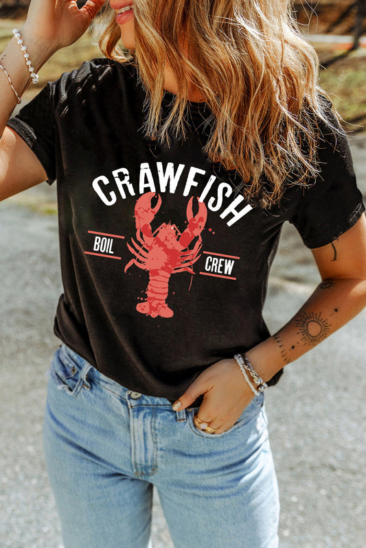 Black CRAWFISH BOIL CREW Distressed Letter Graphic T Shirt Graphic Tees JT's Designer Fashion