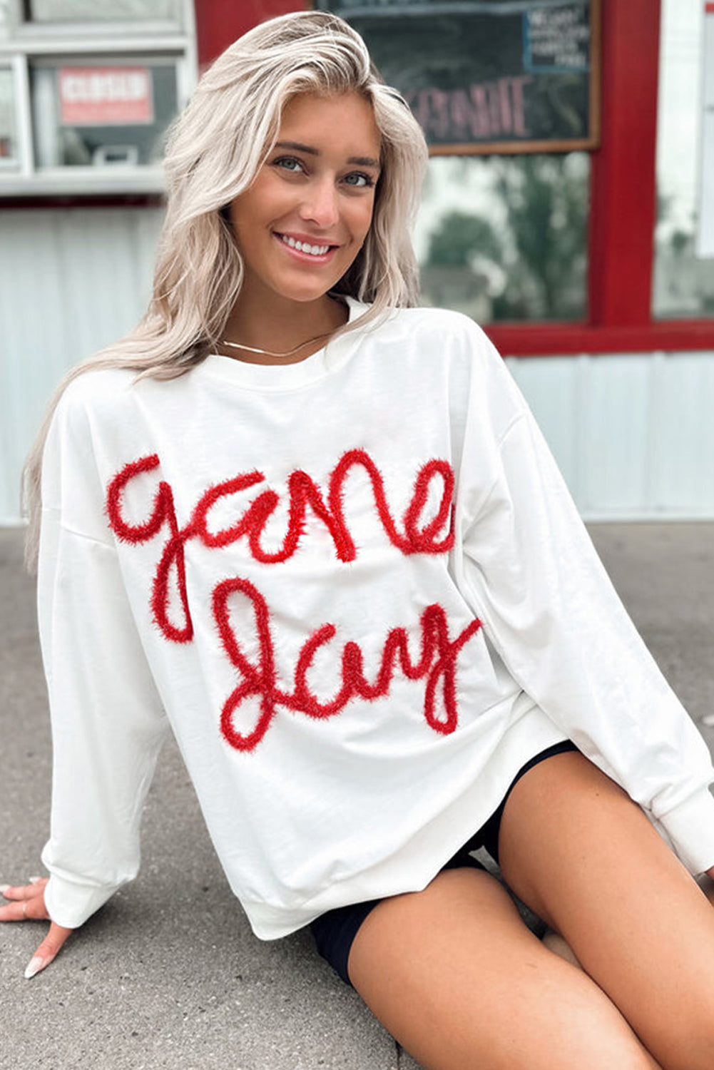 White Tinsel Game Day Drop Shoulder Graphic Sweatshirt Sweatshirts & Hoodies JT's Designer Fashion