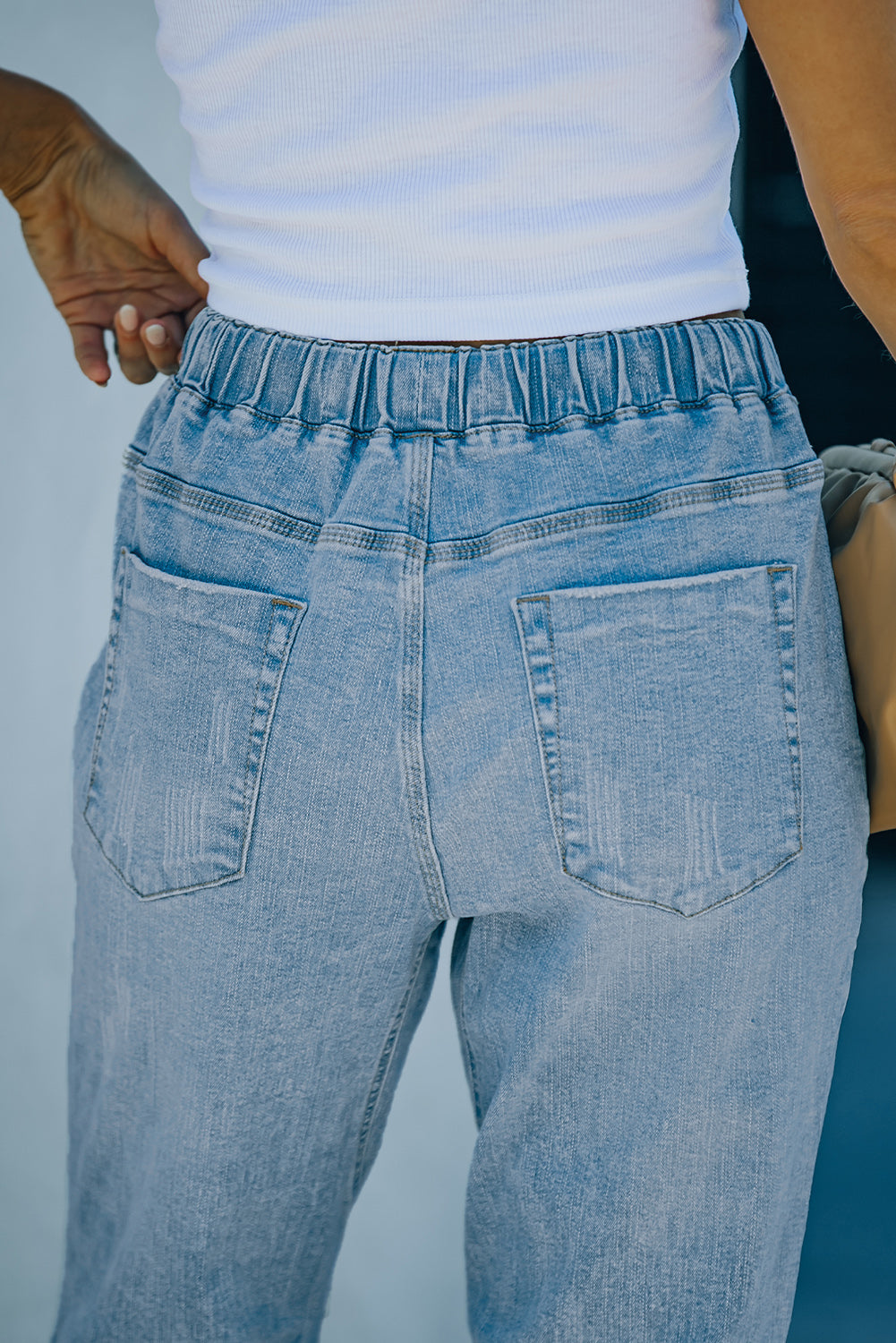 Sky Blue Gather Round Distressed Pocketed Denim Jogger Jeans JT's Designer Fashion