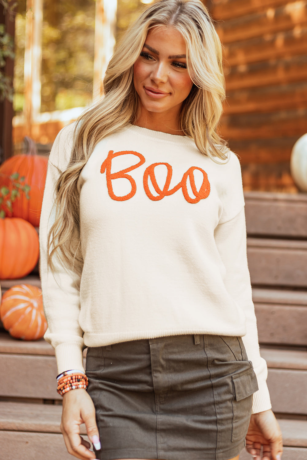 Apricot Boo Knitted Pattern Ribbed Edge Drop Shoulder Sweater Apricot 50%Viscose+28%Polyester+22%Polyamide Sweaters JT's Designer Fashion
