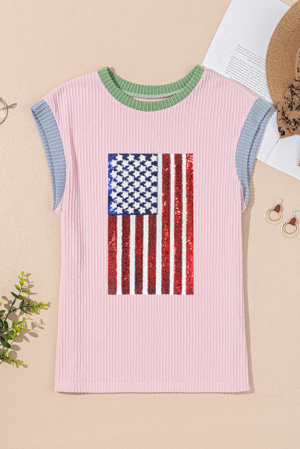 Pink Colorblock Edge Twisted Rib Texture Sequin American Flag Casual T Shirt Graphic Tees JT's Designer Fashion