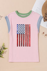 Pink Colorblock Edge Twisted Rib Texture Sequin American Flag Casual T Shirt Graphic Tees JT's Designer Fashion