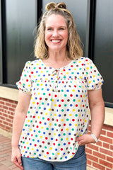Apricot Plus Size Colorful Polka Dots Tie Neck Puff Sleeve Blouse Plus Size Blouses & Shirts JT's Designer Fashion