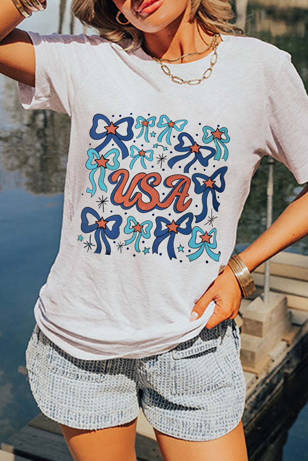White USA Bowknot Graphic Tee Graphic Tees JT's Designer Fashion