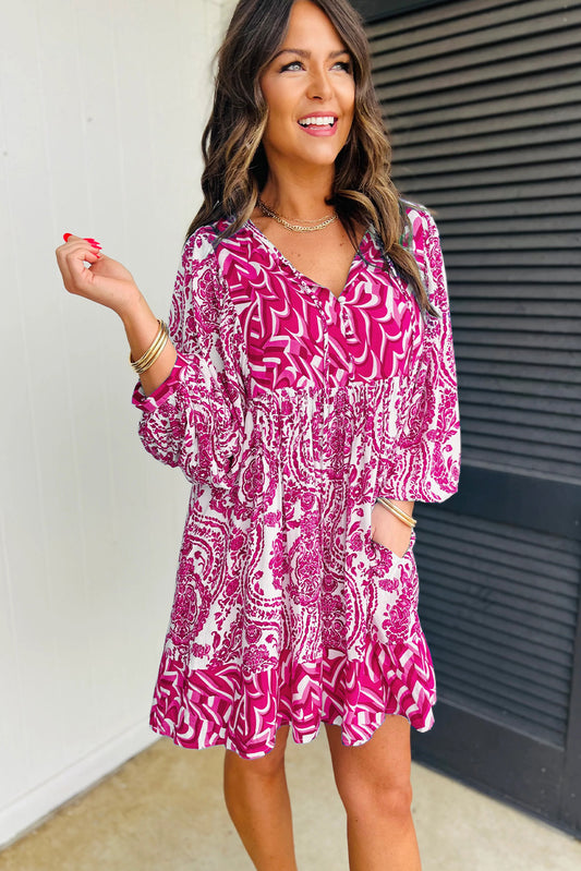 Rose Bohemian Print Puff Sleeve Tied V Neck Flared Mini Dress Mini Dresses JT's Designer Fashion
