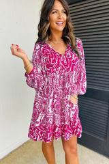 Rose Bohemian Print Puff Sleeve Tied V Neck Flared Mini Dress Mini Dresses JT's Designer Fashion